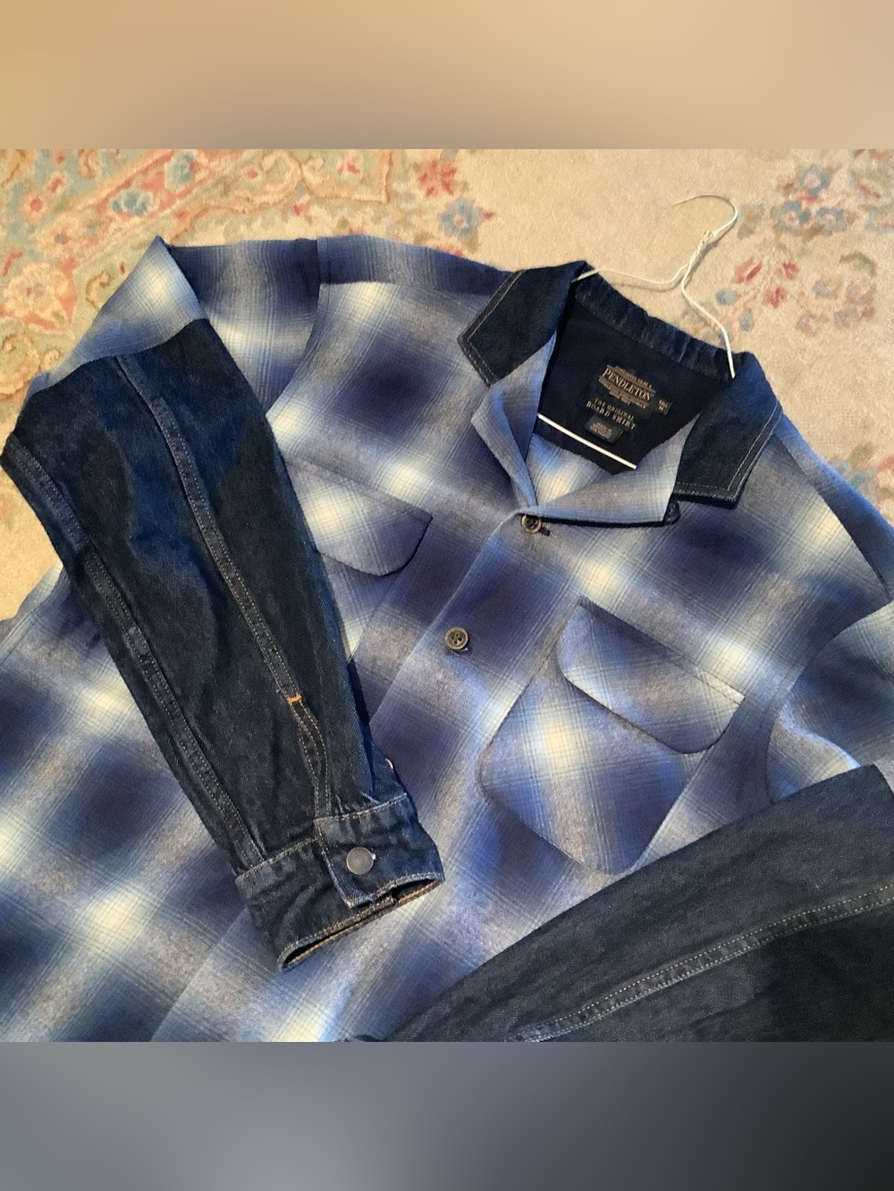 Pendleton Original Board Shirt Blue Plaid Rare Denim Sleeves - Sz Med - EUC